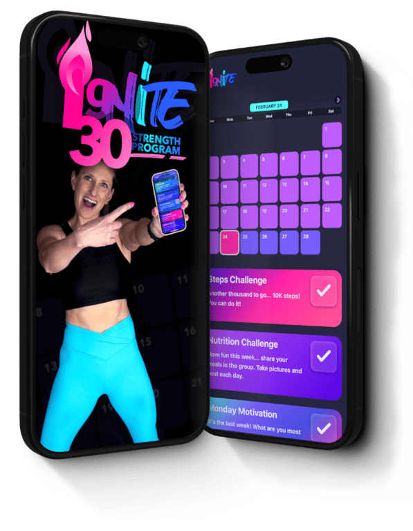 An iPhone with the Ignite 30 cover image and training calendar from the app on it.