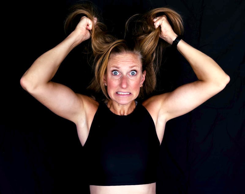 Kindal pulling her hair in frustration becuase most of her clients always give up before the challenge is over..